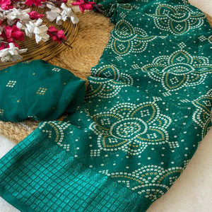 Rama Green Bandhani Printed Georgette Saree With Viscose Border