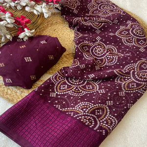 Wine Bandhani Printed Georgette Saree With Viscose Border