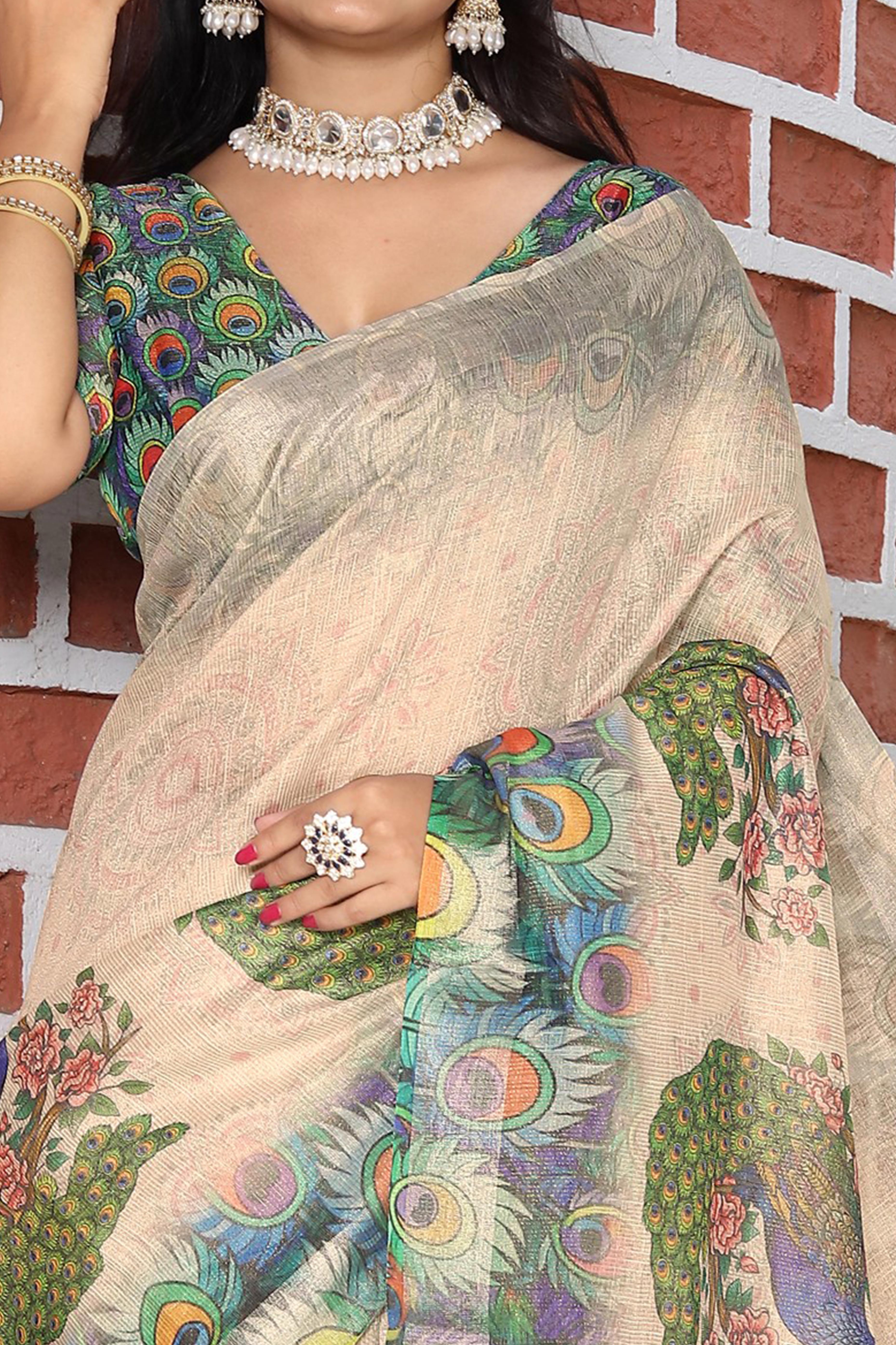 Beautiful Beige Tissue Handloom Saree with Detailed Floral Embellishments