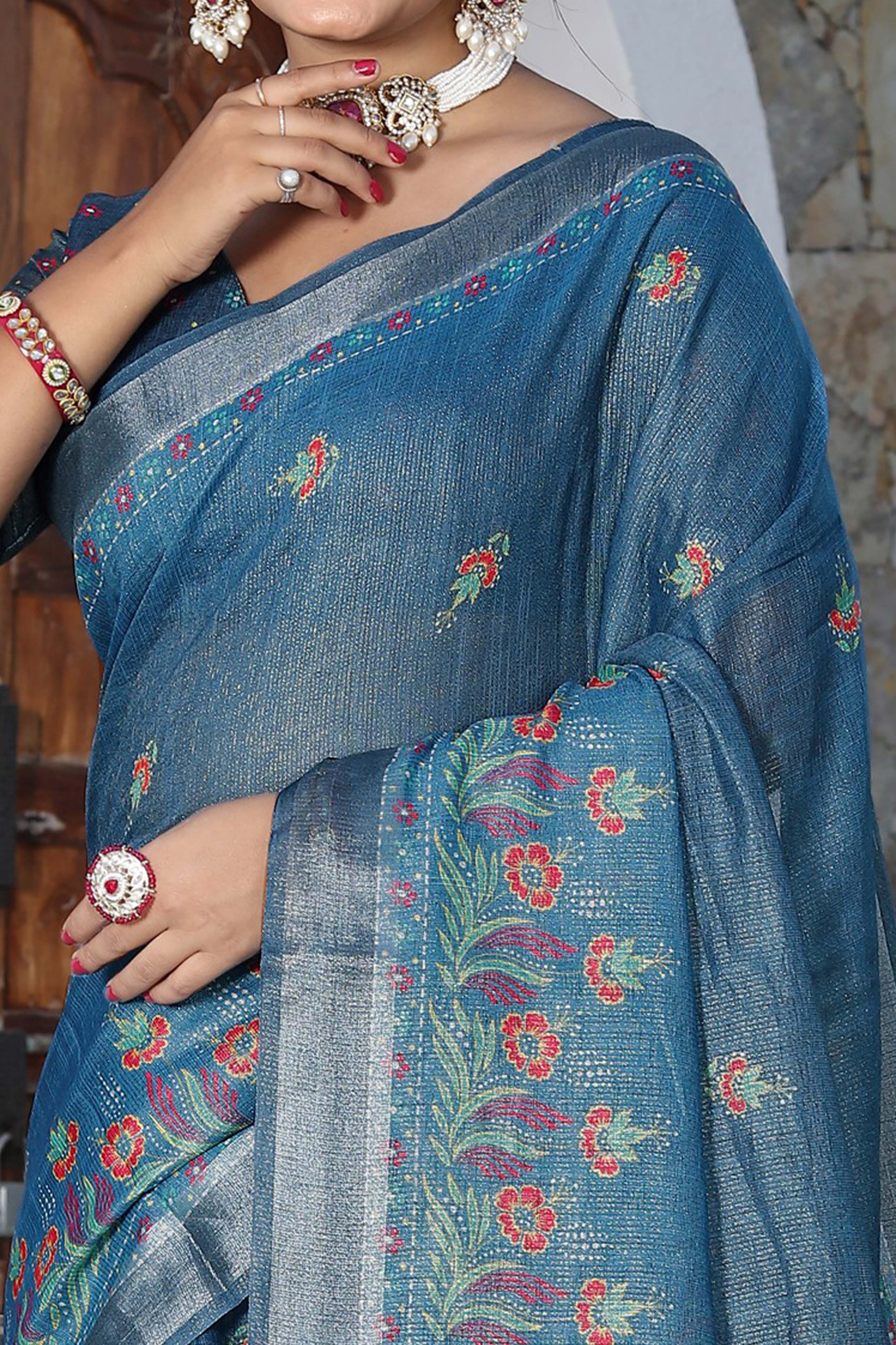 Beautiful Blue Tissue Handloom Saree with Detailed Digital Floral Embellishments