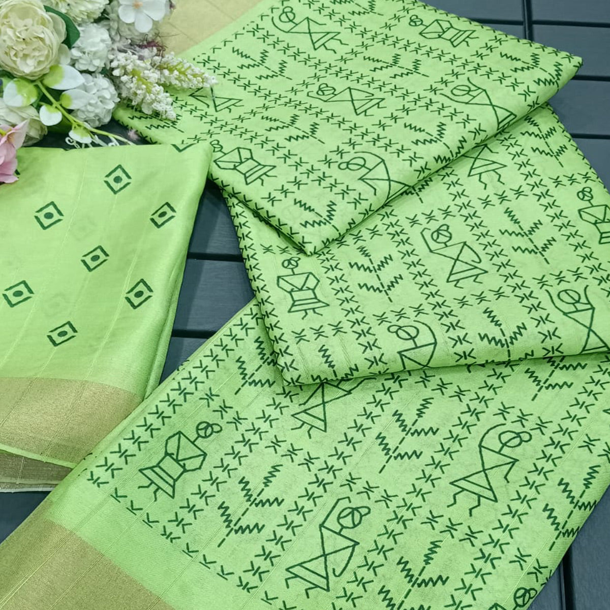 Green Digital Printed Dola Silk Saree With Jacquard Zari Border
