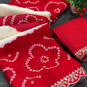 Red & White Traditional Bandhani Printed Moss Chiffon Saree with Shimmering Sequins Work