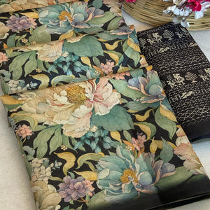 Black Floral Digital Printed Cotton Handloom Silk Saree