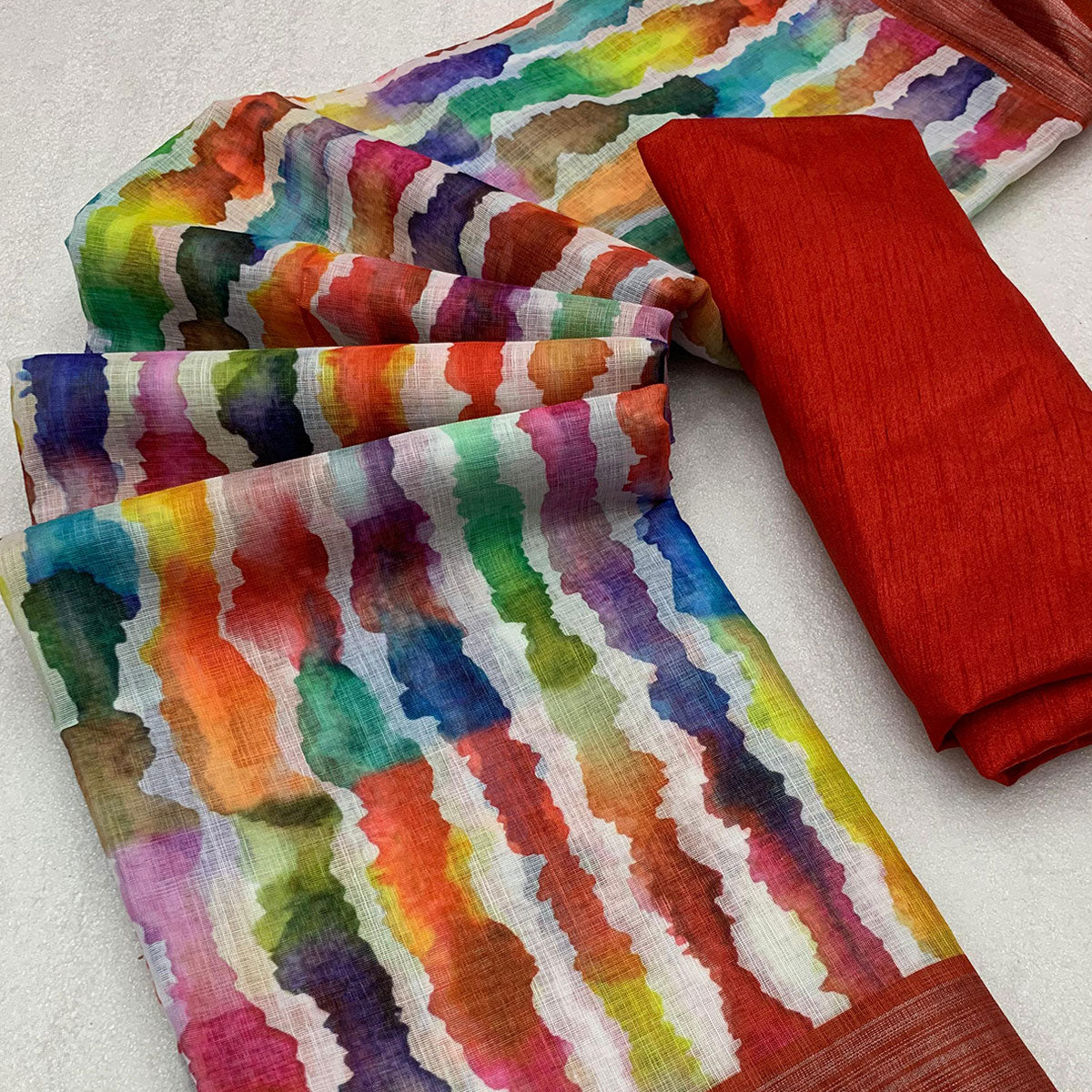 Multicolor Leheriya Printed Woven Linen Saree