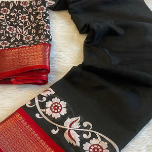Black Floral Printed Dola Silk Saree With Zari Border
