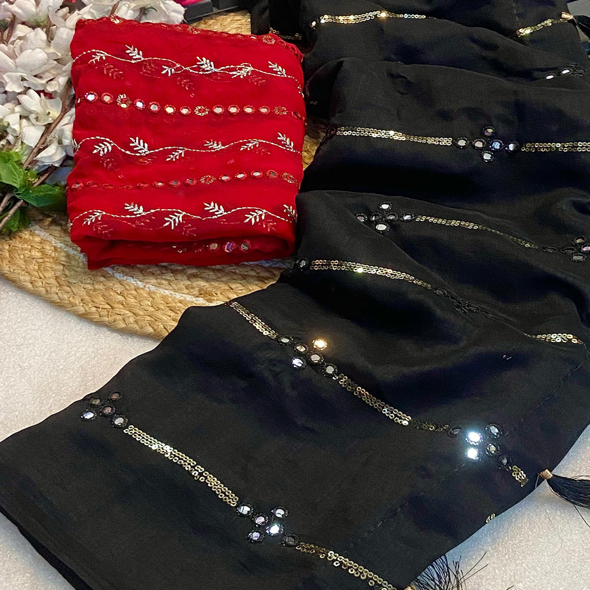 Black Sequins Embroidered Vichitra Silk Saree With Mirror Work