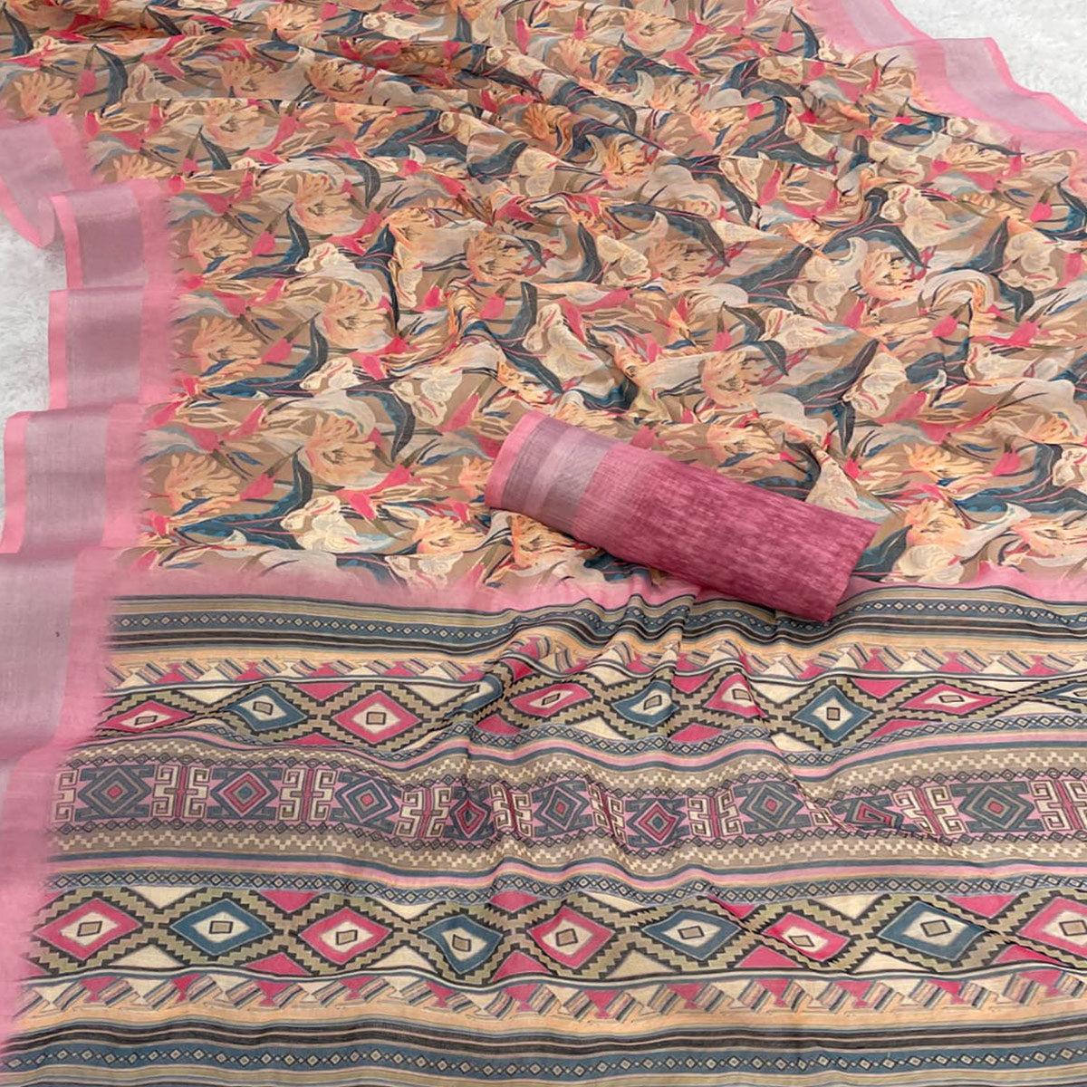 Pink Floral Printed Linen Cotton Saree With Delicate Tassel Detailing