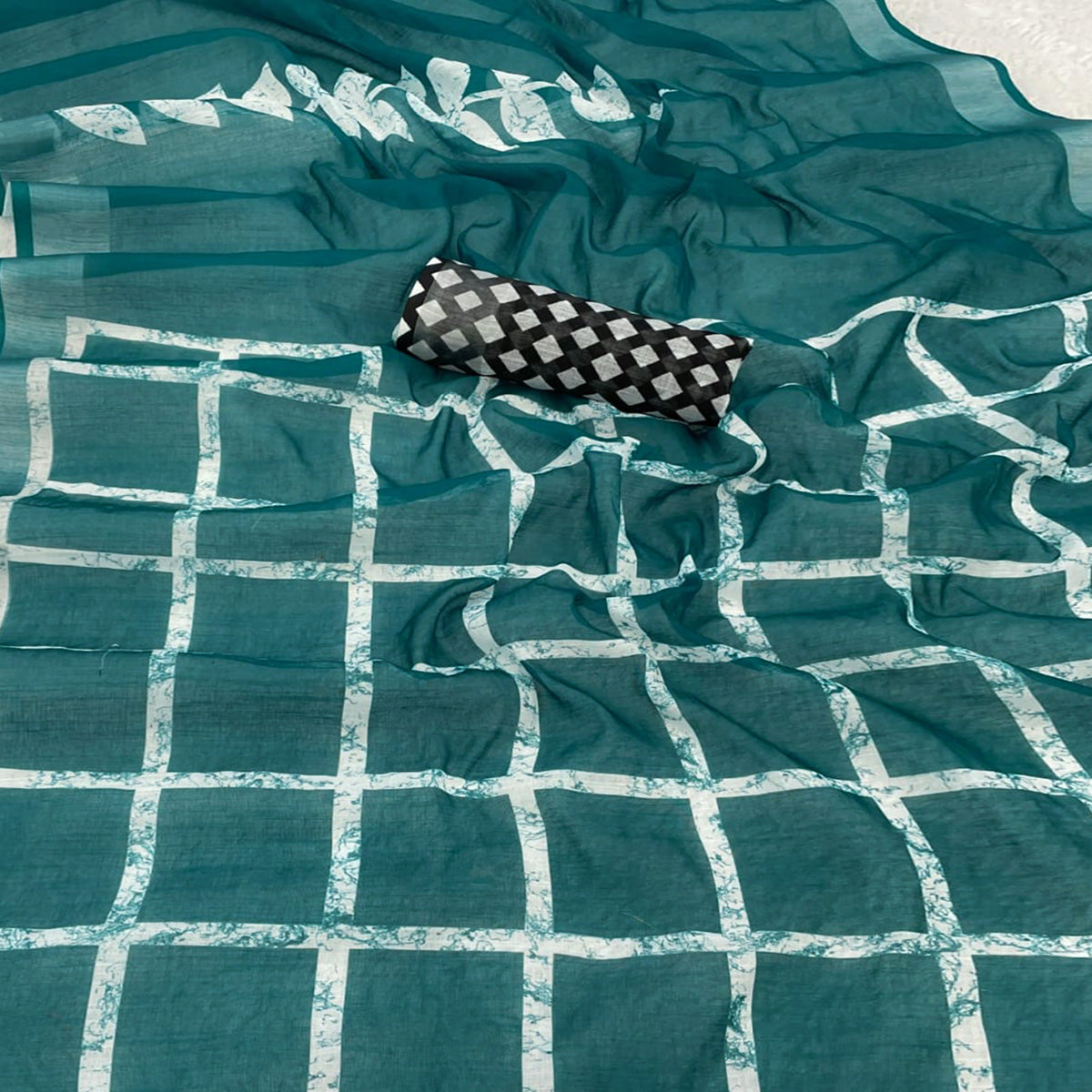 Teal Printed Linen Cotton Saree With Delicate Tassel Detailing