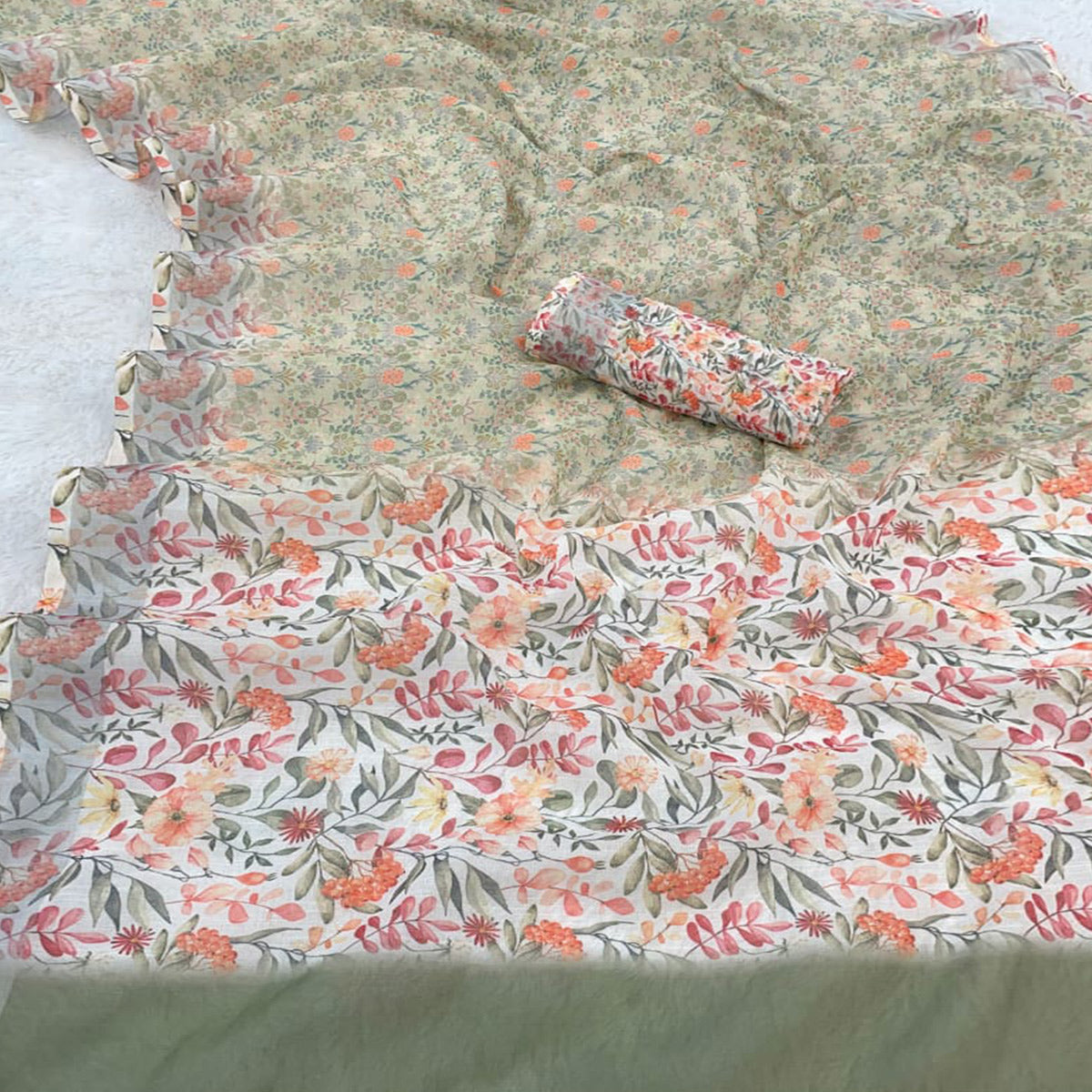 Pista Green Floral Printed Linen Cotton Saree With Delicate Tassel Detailing