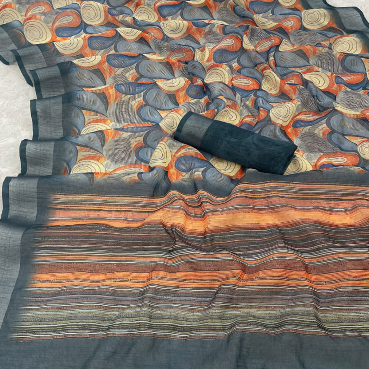 Multicolor Printed Linen Cotton Saree With Delicate Tassel Detailing