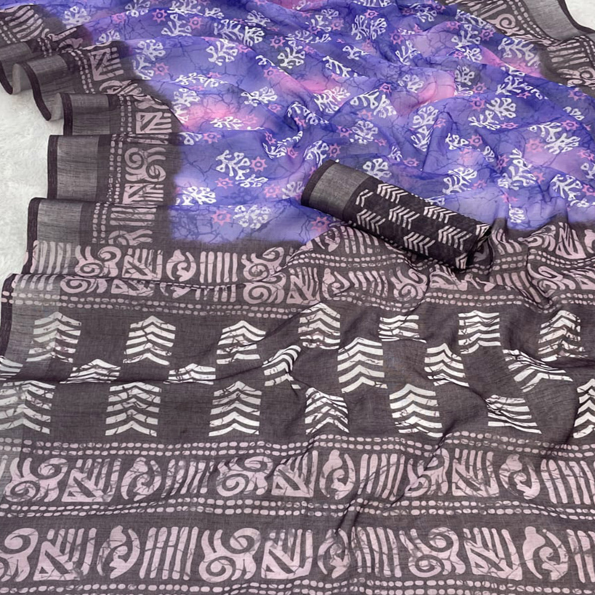 Purple Printed Linen Cotton Saree With Delicate Tassel Detailing
