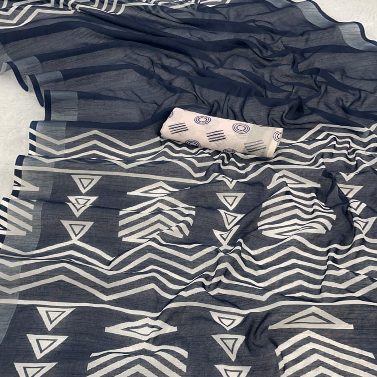 Blue Printed Linen Cotton Saree With Delicate Tassel Detailing