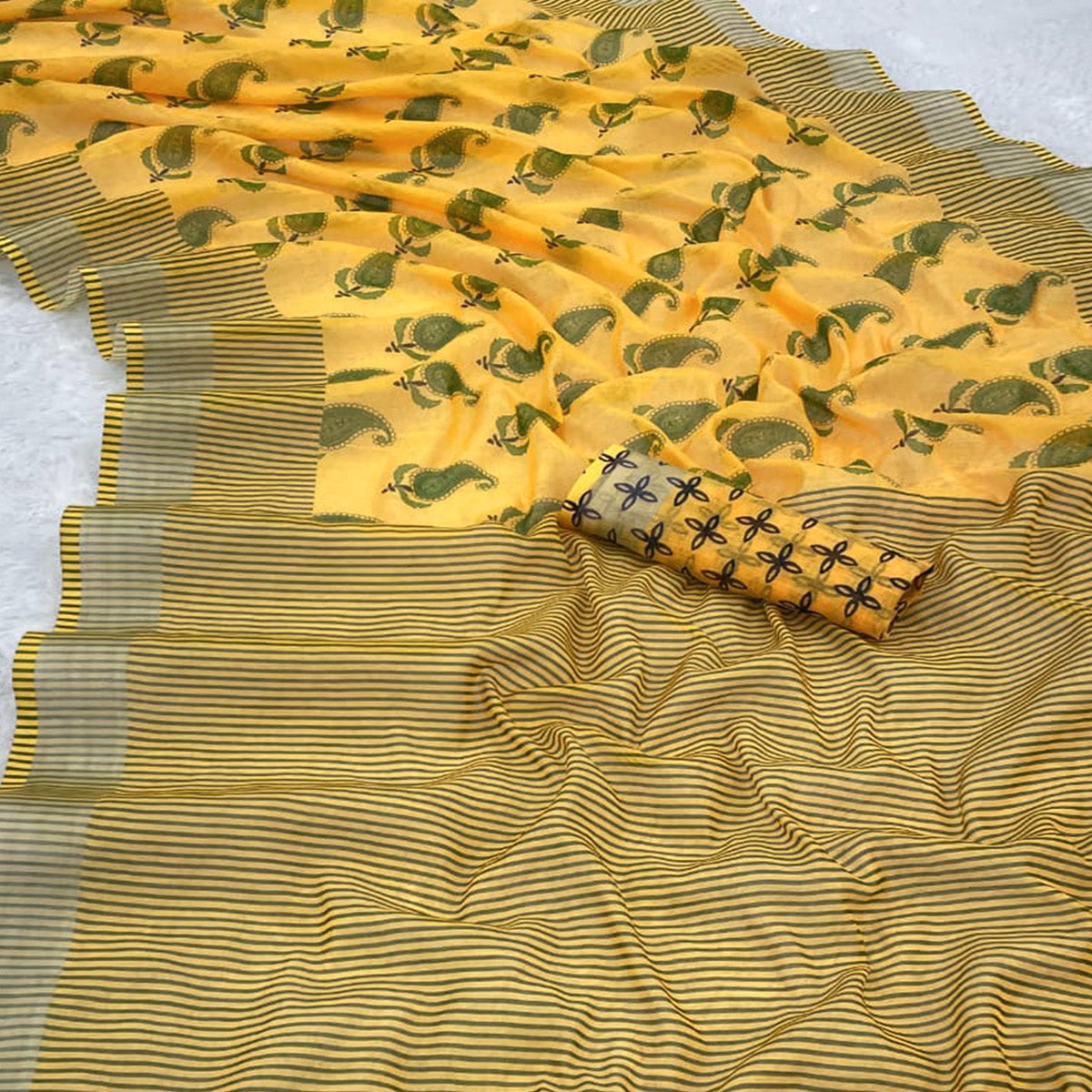 Yellow Printed Linen Cotton Saree With Delicate Tassel Detailing