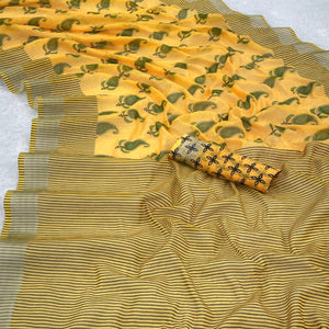 Yellow Printed Linen Cotton Saree With Delicate Tassel Detailing
