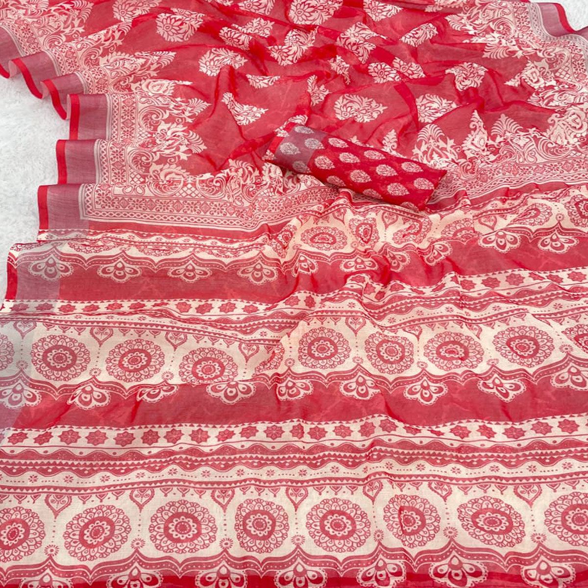 Red Floral Printed Linen Cotton Saree With Delicate Tassel Detailing