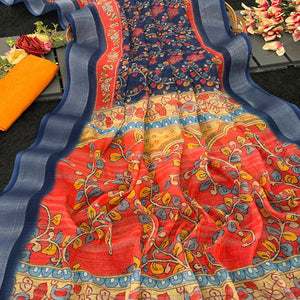 Blue Floral Printed Linen Cotton Saree With Delicate Tassel Detailing