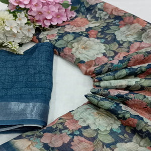 Blue Floral Digital Printed Linen Saree