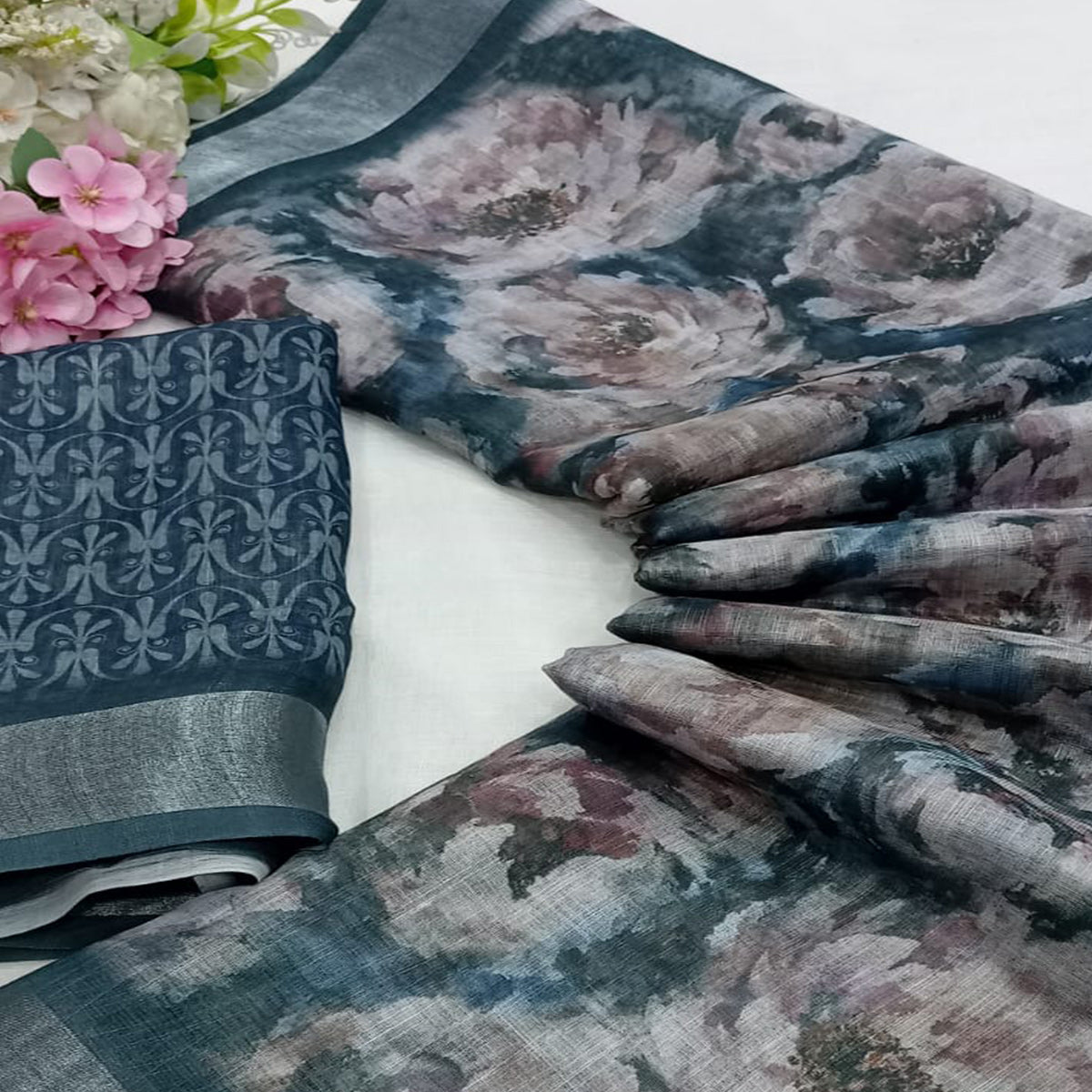 Grey Floral Digital Printed Linen Saree