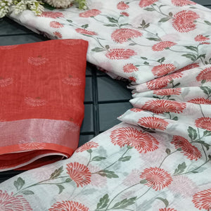 White & Red Floral Digital Printed Linen Saree
