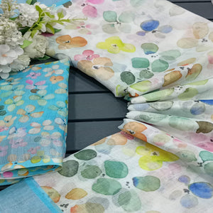 White & Blue Floral Digital Printed Linen Saree