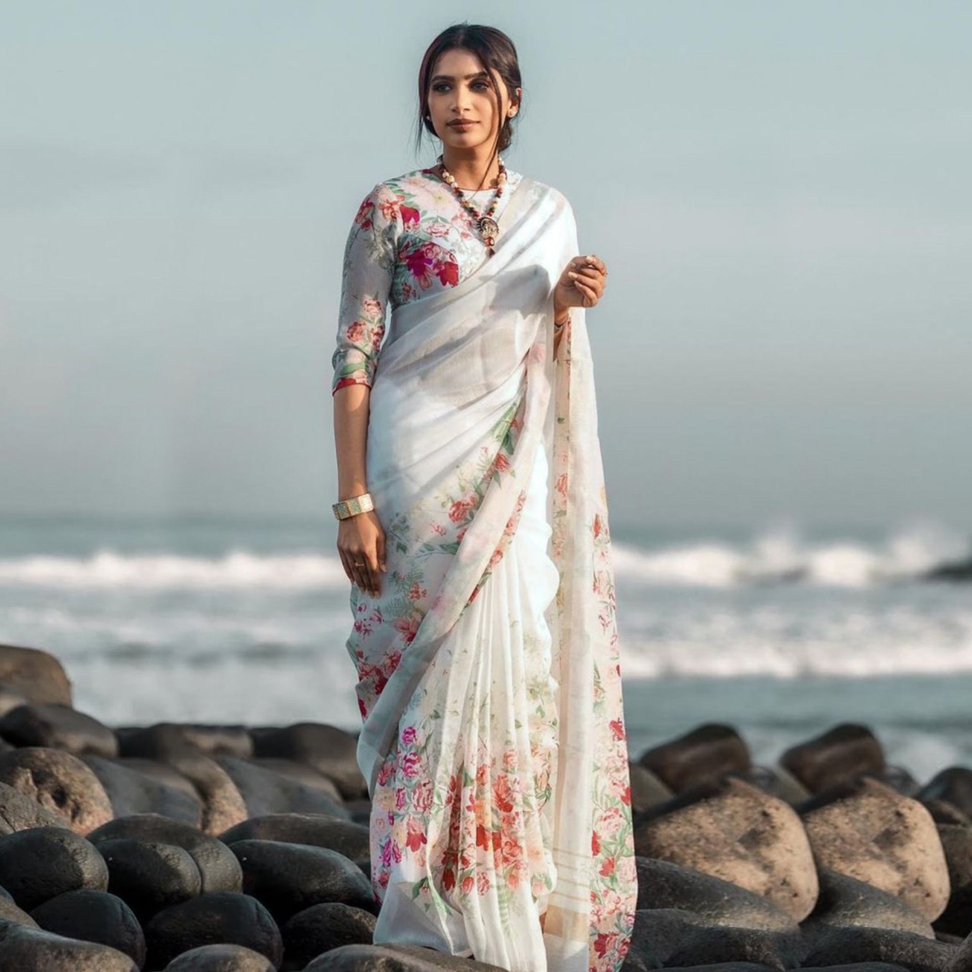 White Floral Digital Printed Linen Saree