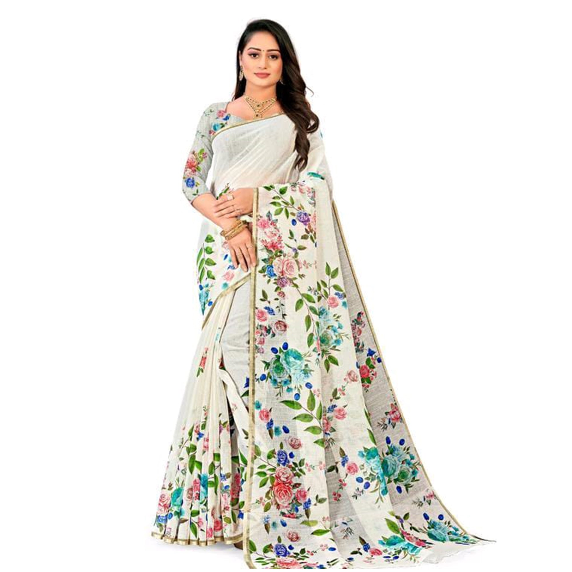 White Floral Digital Printed Linen Saree