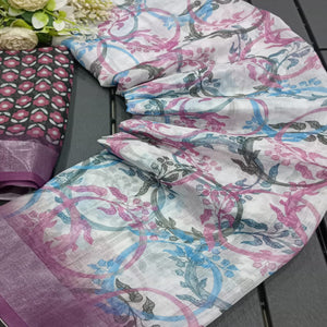 White & Purple Floral Printed Linen Saree