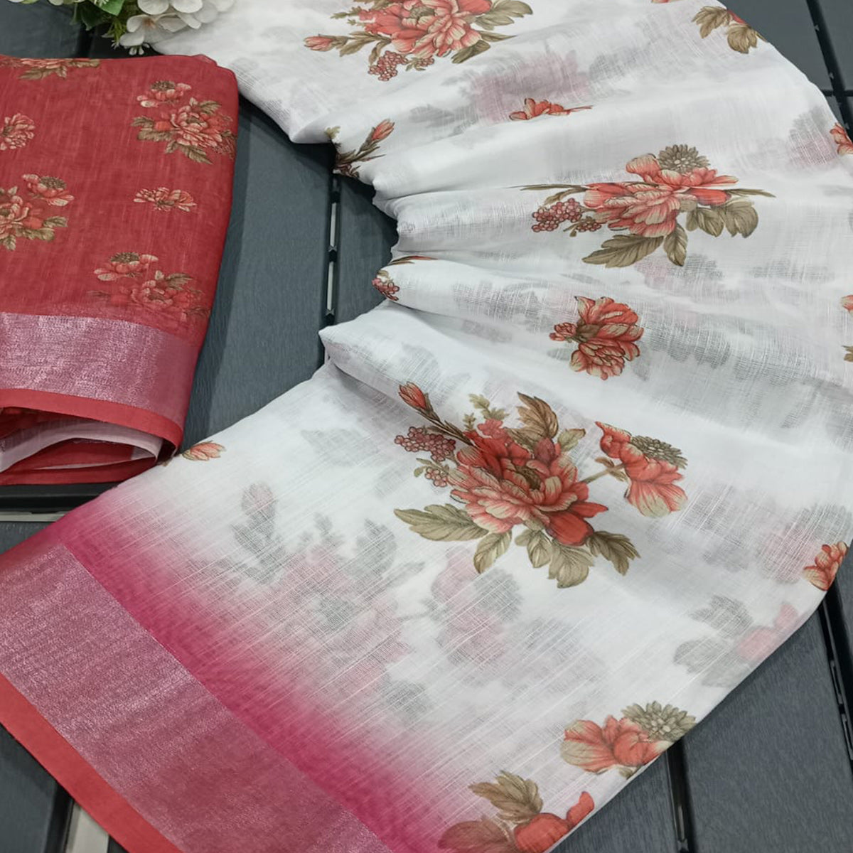 White & Red Floral Printed Linen Saree