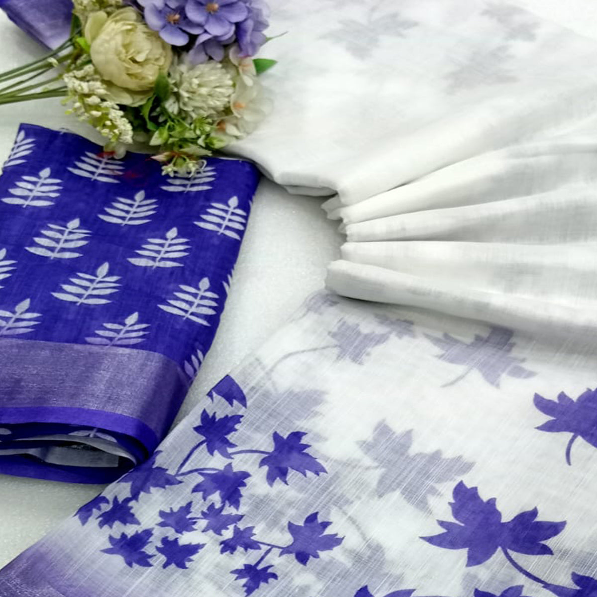 Blue & White Floral Printed Linen Saree