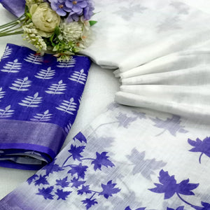 Blue & White Floral Printed Linen Saree