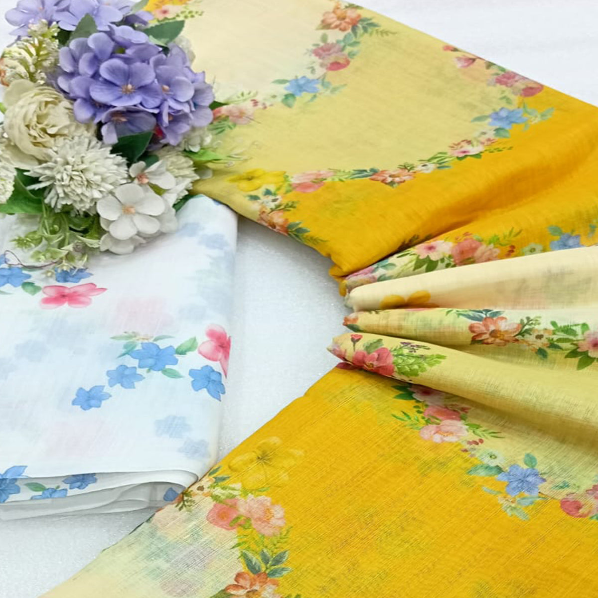 Yellow Floral Printed Linen Saree