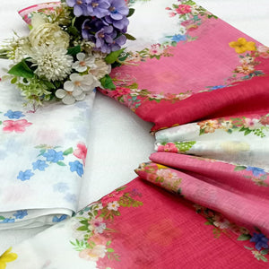 Pink Floral Printed Linen Saree