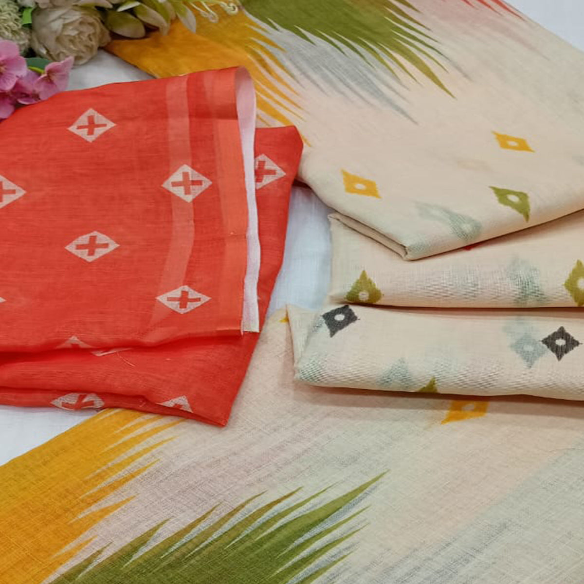 Classic Cream Linen Cotton Drape Featuring Ikkat-Inspired Prints