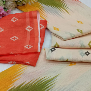 Classic Cream Linen Cotton Drape Featuring Ikkat-Inspired Prints