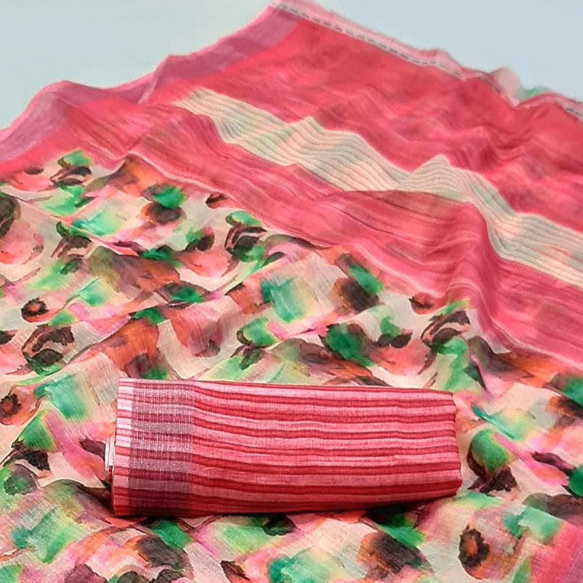 Pink Abstract Digital Printed Linen Saree with Zari Border