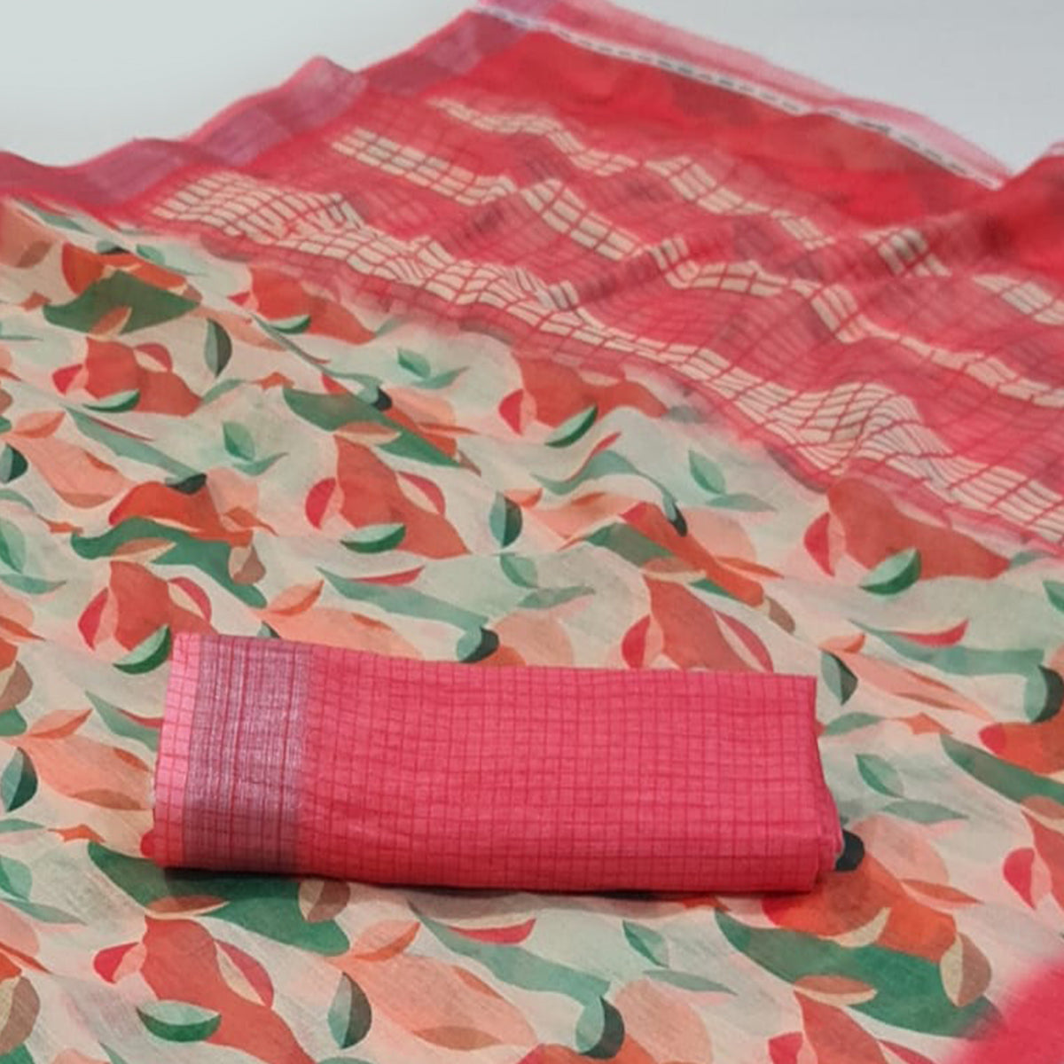 Pink Floral Digital Printed Linen Saree with Zari Border