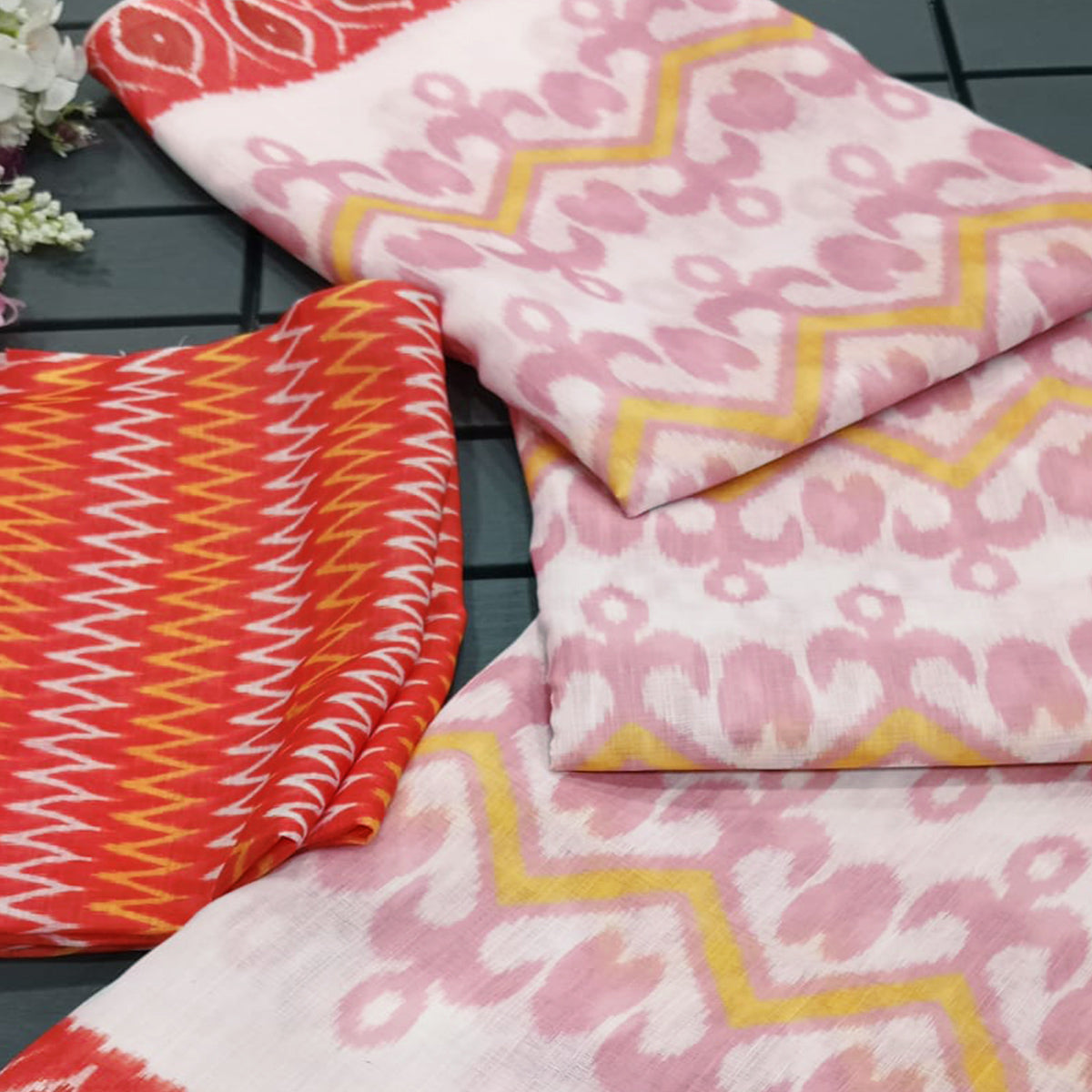 White Ikkat Printed Linen Saree