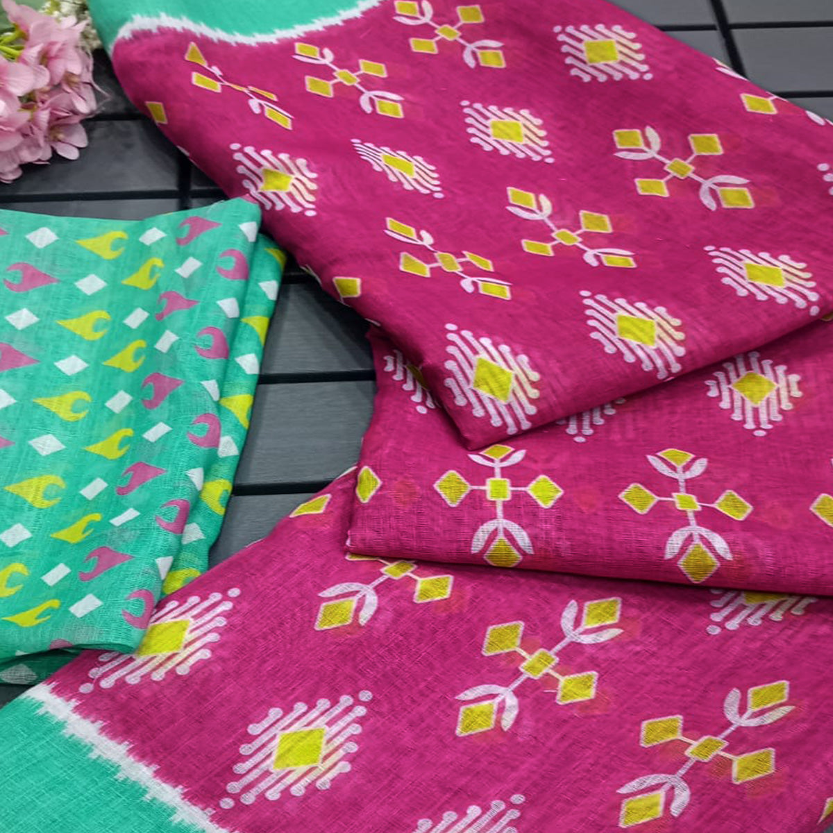 Pink Ikkat Printed Linen Saree