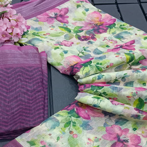 Purple Floral Digital Printed Linen Saree