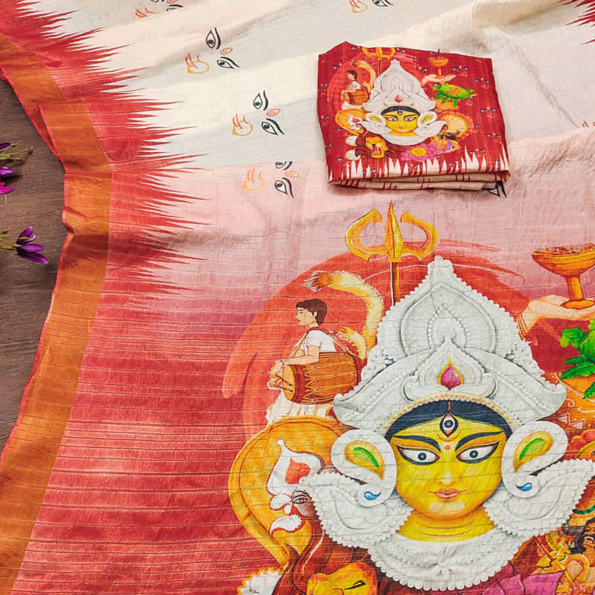 White & Red Goddest Printed Linen Saree