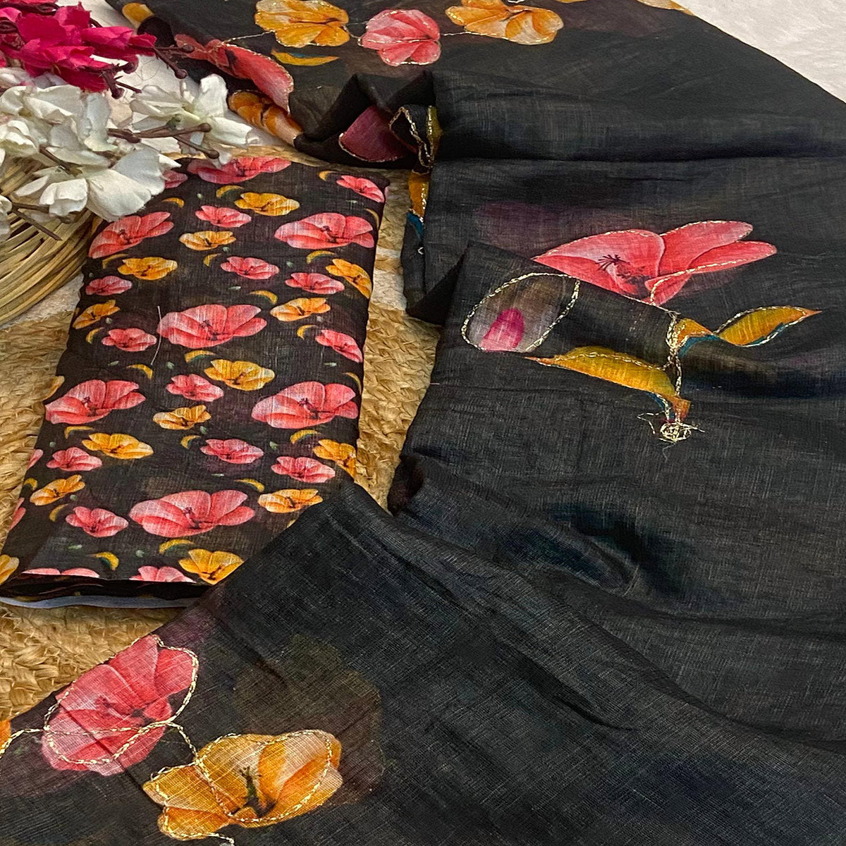 Black Floral Printed Linen Saree