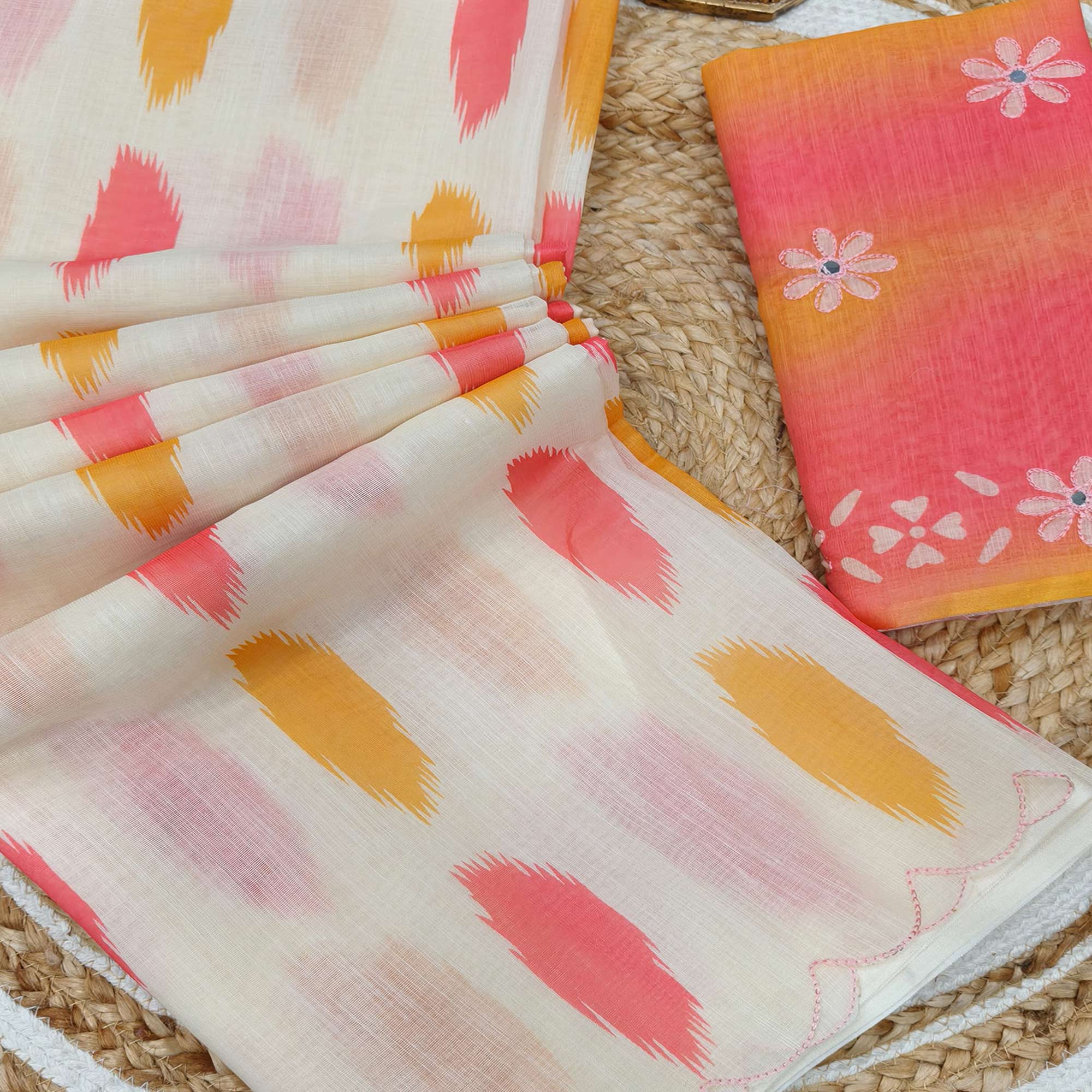 Cream Colored Linen Saree with Traditonal Ikkat Pattern Detailing