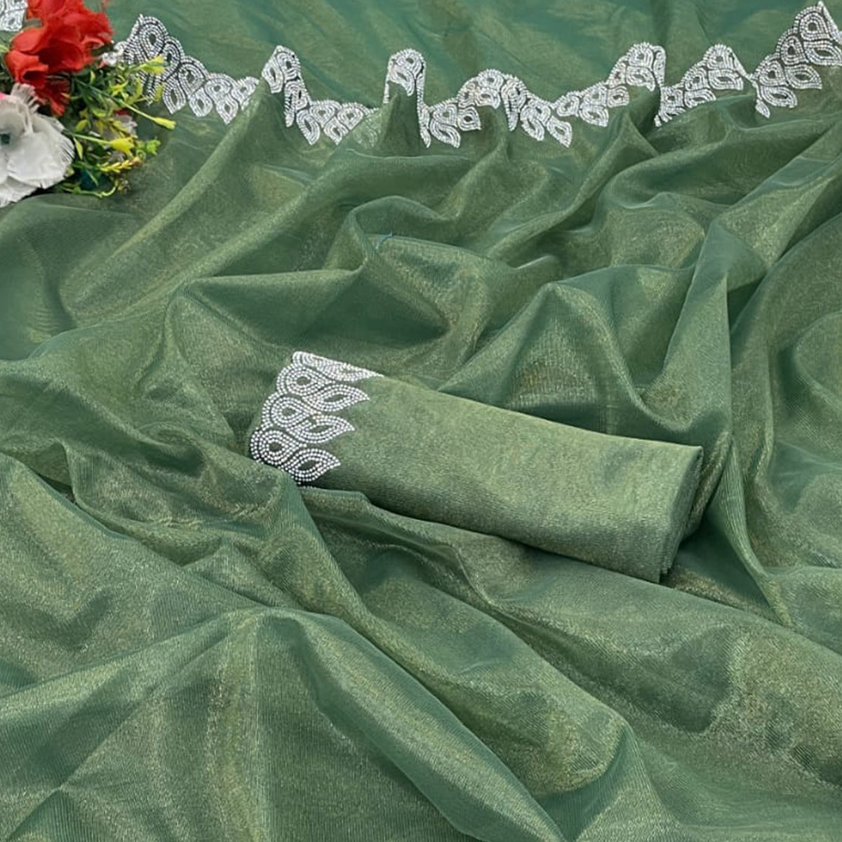Green Stone Work Embroidered Twill Gold Net Saree