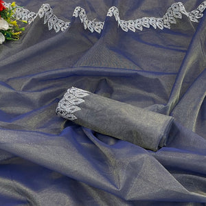 Grey Stone Work Embroidered Twill Gold Net Saree