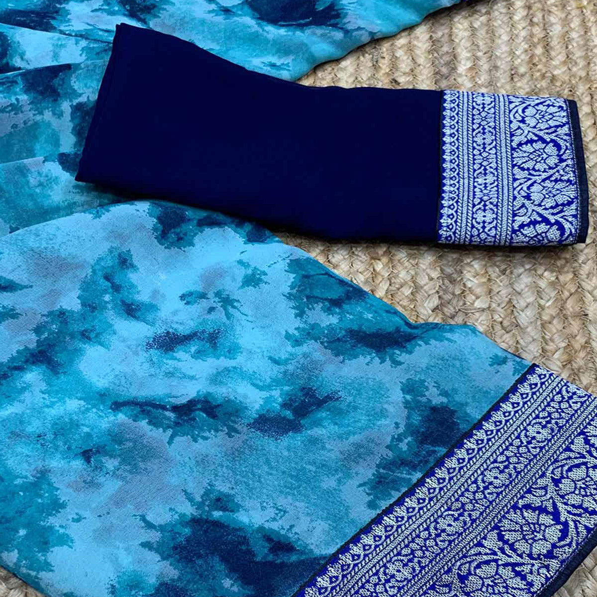 Blue Tie Dye Printed Georgette Saree