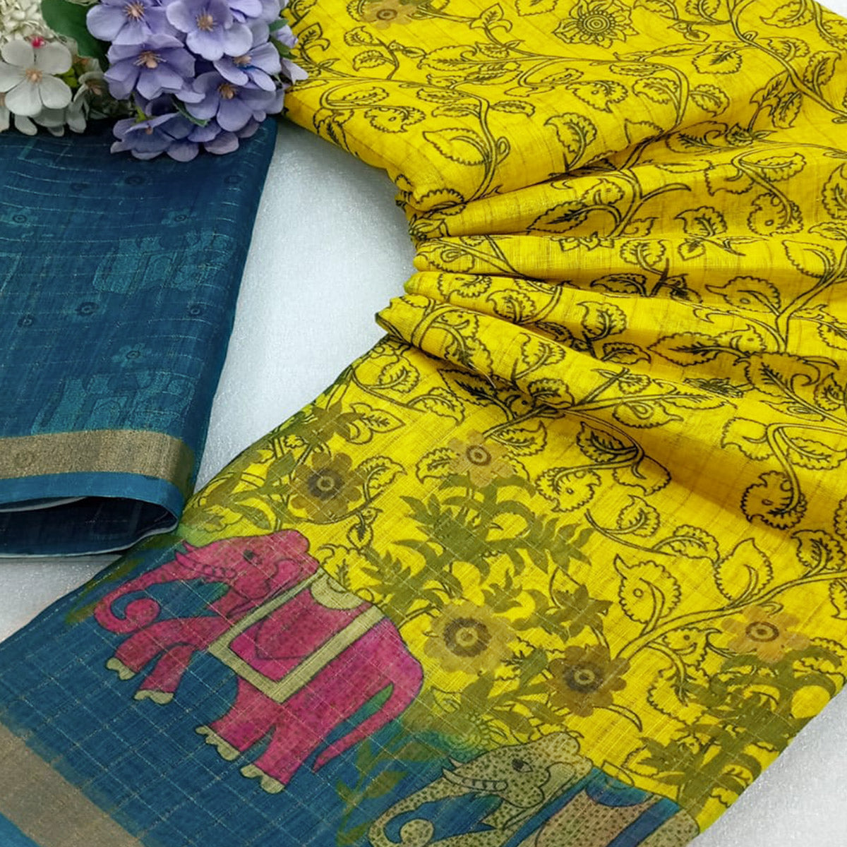 Green Checks Zari Woven With Printed Linen Saree