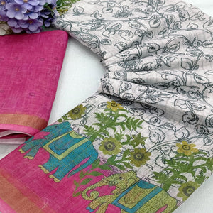 White Checks Zari Woven With Printed Linen Saree