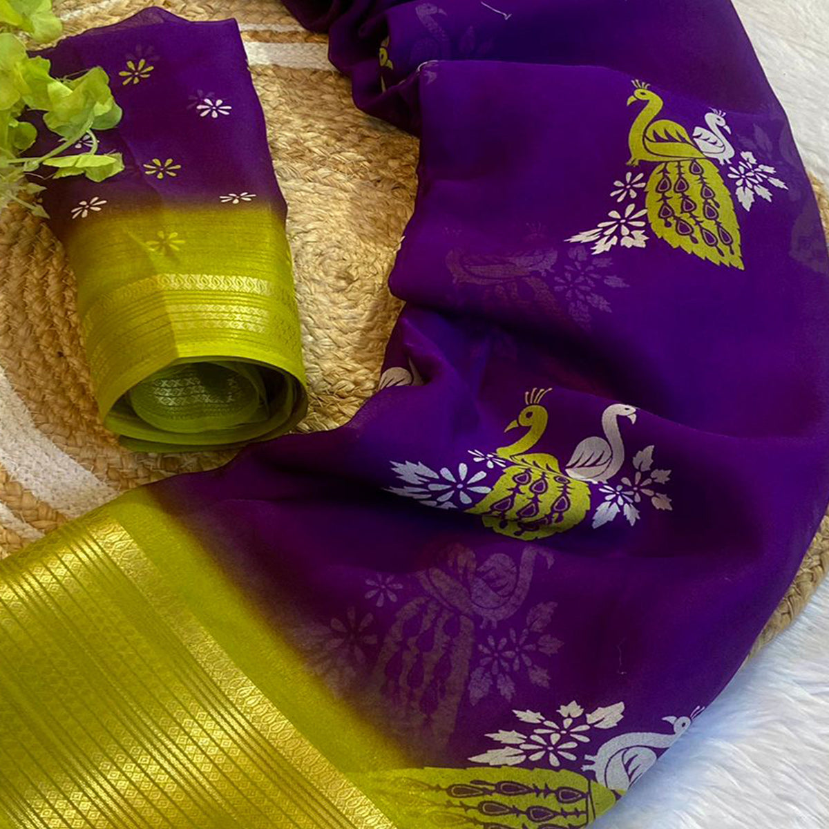 Purple Floral Printed Chiffon Saree