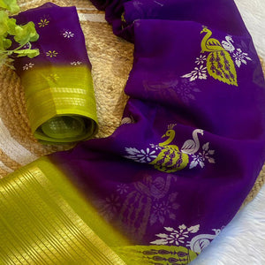 Purple Floral Printed Chiffon Saree