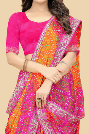 Pink & Orange Bandhani Printed Chinon Saree